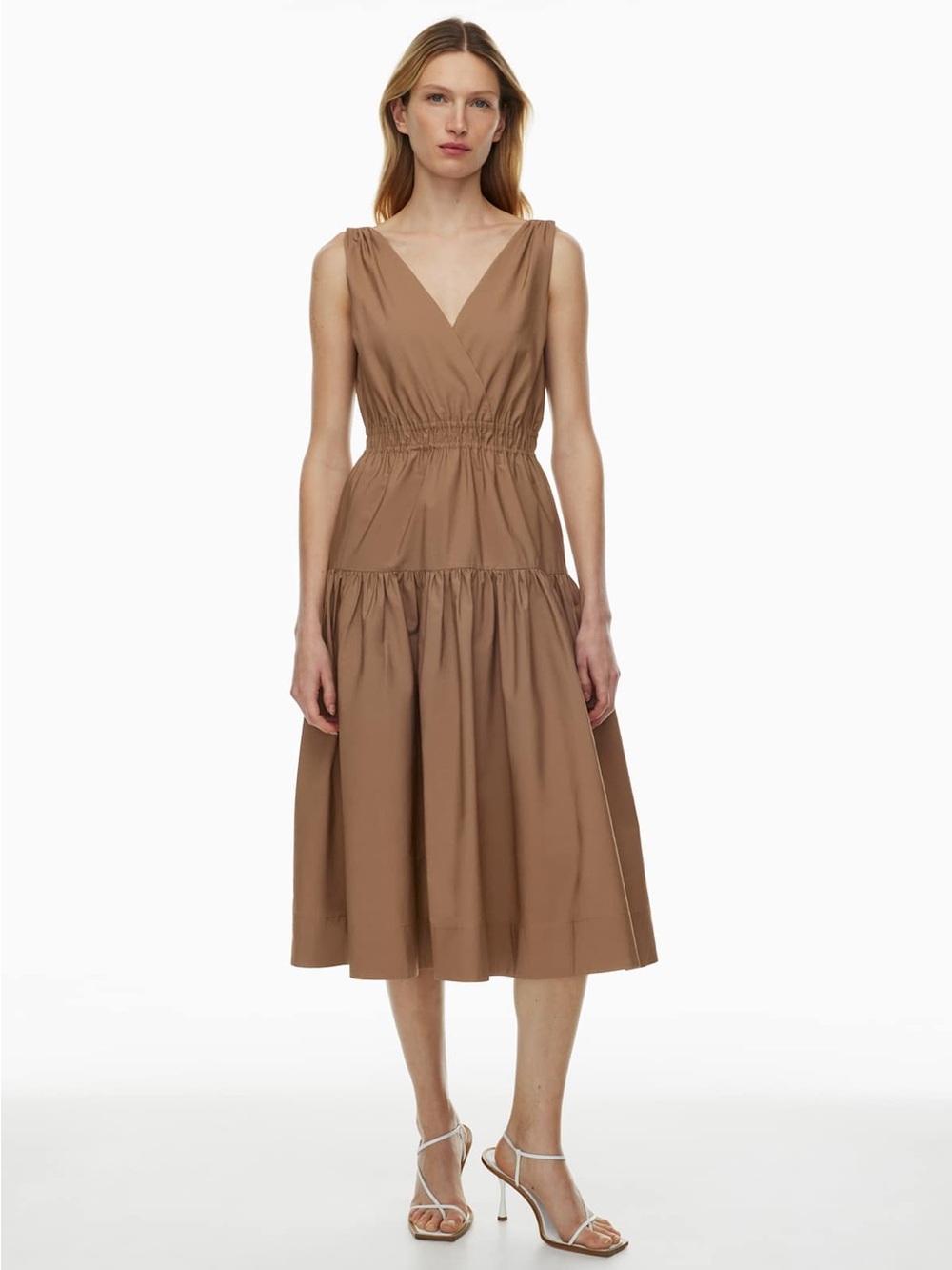 Aritzia Babaton Broadcast Poplin Sleeveless V-Neck Tiered Midi Dress in Brown